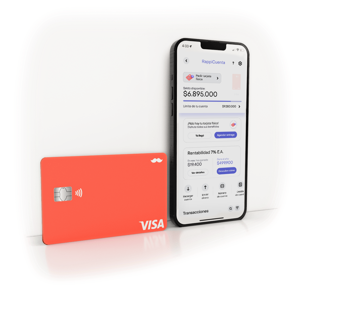 Teléfono con app RappiPay y tarjeta débito RappiAccount contra fondo blanco